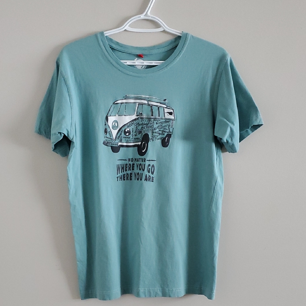 Kiwi Planet Printed Graphic Hippie Van Life Teal Cotton T-Shirt Sz S